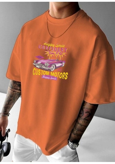 Custom Motor Baskılı Oversize Tişört Turuncu