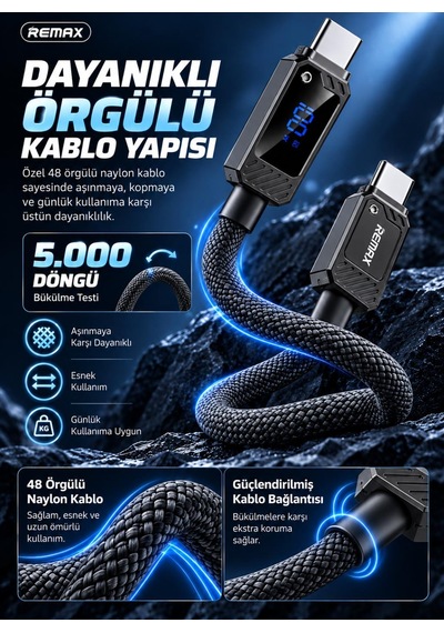 Remax Suxien Rc-c069 100w Pd Dijital Ekranlı Type-c To Type-c Hızlı Şarj Ve Data Kablosu 1.2 Metre Siyah
