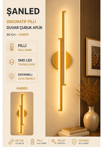 Dekoratif 20w İç Mekan Gold Kasa Amber Işık 60 Cm Duvar Aplik Pilli 1 Adet