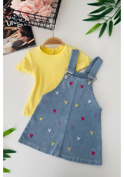 Miniğimin Cicileri Renkli Kalp İşleme Detaylı Kız Bebek Jile Takım Sarı