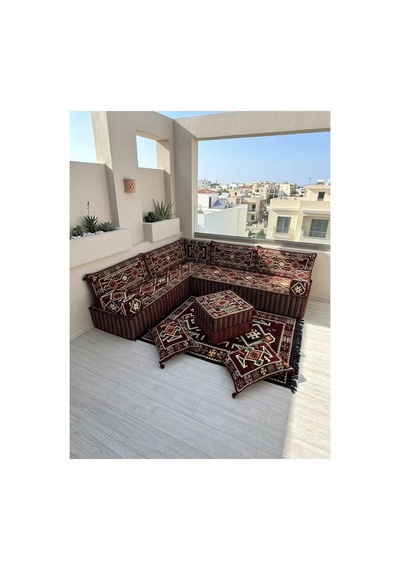 40 Cm Kalın Süngerli Bordo Anadolu Şark Köşesi - Kilim Desenli L Yer Minderi Seti