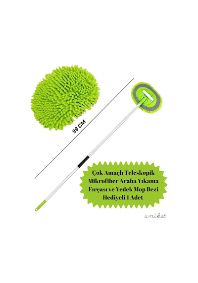 Çok Amaçlı Teleskopik Mikrofiber Araba Yıkama Fırçası Yedek Mop Bezli 1 Adet Saplı Ve Ele Geçirmeli Kullanım Yeşil