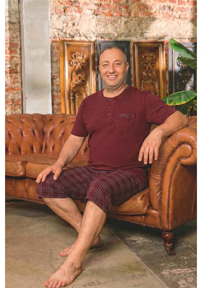 Aydoğan Erkek Dinç Büyük Beden Koton Bordo Bermuda Pijama Takımı 0083 Bordo