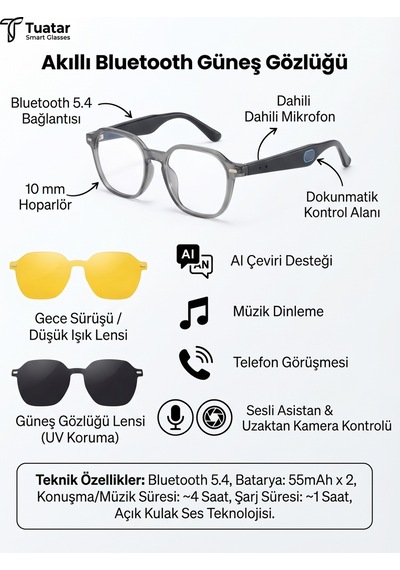 Esrada Akıllı Bluetooth Gözlük Sesli Çeviri, Müzik Ve Telefon Görüşmesi Mavi Işık Korumalı- Klıpslı Es221 C05 51
