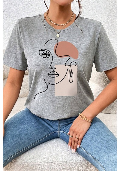 Unisex Make Up Siluet Baskılı Tasarım Tshirt Gri