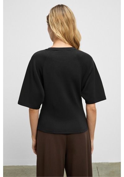 Grımelange Jolıeza Kadın Bisiklet Yaka Pens Detaylı Kısa Reglan Kollu Relaxed Fit Siyah Bluz Siyah