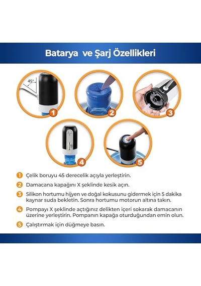 4 W Şarjlı Otomatik Damacana Su Pompası 1200 Mah Bataryalı, Bpa İçermez, Ce Belgeli Su Dispenseri Siyah