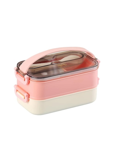Vagonlife Bento 1500ml 2 Katlı 3 Bölmeli Paslanmaz Çelik Yemek Kutusu Pembe Beyaz