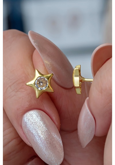 Nereze 925 Ayar Gümüş Minimal Gold Tektaş Yıldız Küpe