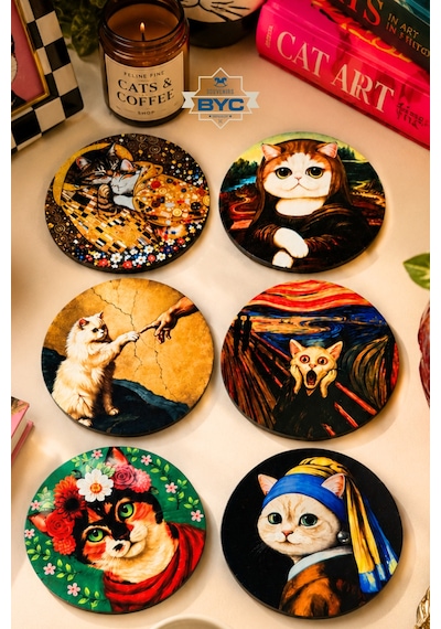 Sanat Eseri Kedi Tasarımlı 6 Lı Bardak Altlığı Seti 9 Cm, 3 Mm Mdf, Uv Dijital Baskı Çok Renkli