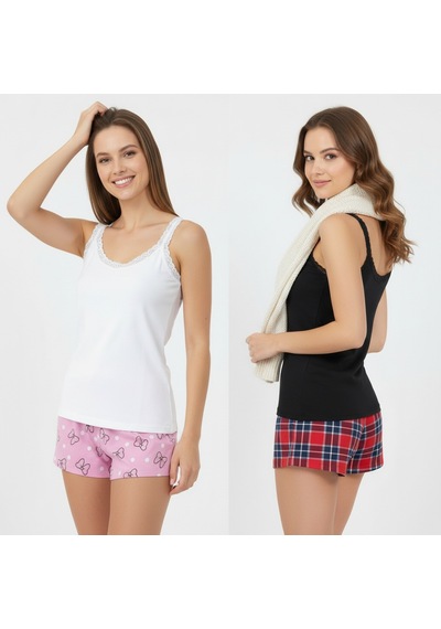 Bonbon Kadın Pamuklu Süs Dantelli 2 Takım 4 Parça İnce Askılı Atlet Ve Şortlu 2'li Takım Bb2344 Siyah-beyaz