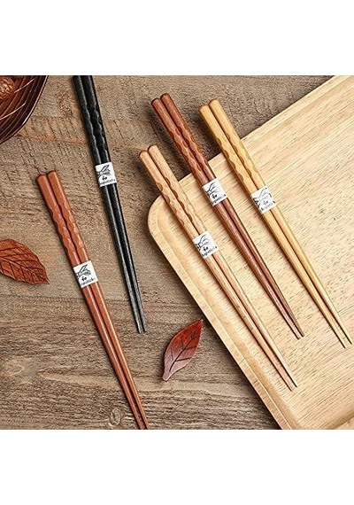 Valkyrie 5 Çift Doğal Ahşap Japon Yemek Çubuğu Seti 22,4 Cm Kaymaz El Oyması Kutulu Chopstick Seti