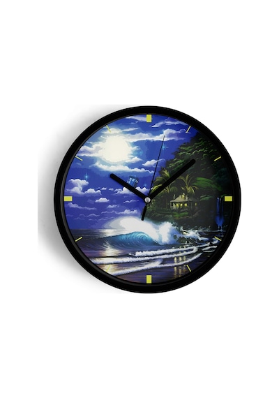 Gece Manzaralı Okyanus Dalgaları Modern Duvar Saati - 25cm - Önü Camlı Siyah Kasa - Sessiz Mekanizma-jh0576 Siyah