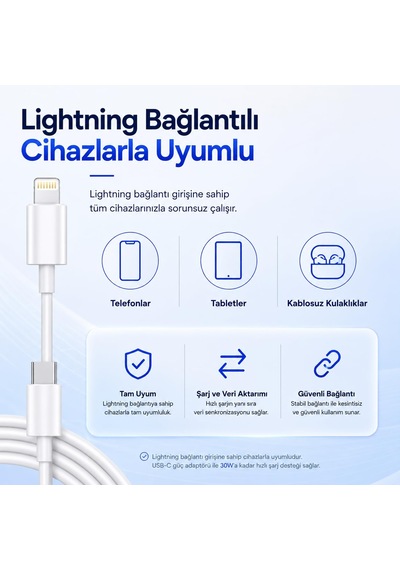 Type-c To Lightning Şarj Kablosu 1 Metre, 30w Hızlı Şarj Ve Veri Aktarımı, Güçlendirilmiş Konektör Ucu, Lightn Diğer