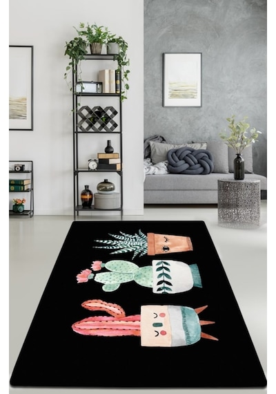 Happy Cactus Djt Siyah 80X200 Cm Yıkanablir Halı