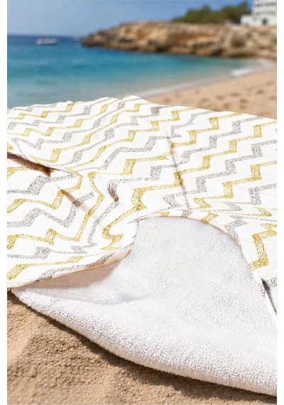 Zikzak Desenli Modern Plaj Havlusu - Geometrik Bohem Beyaz Altın Gri Hızlı Kuruyan Mikrofiber Havlu Eski Dalgası