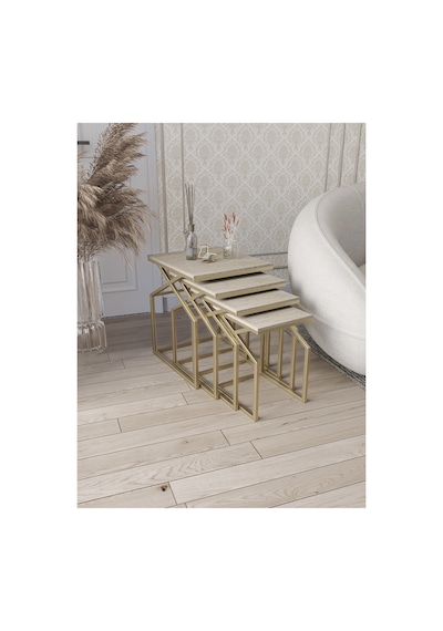 Uygar Zigon Sehpa Yan Sehpa Metal Sehpa Mat Gold Metal - Traverten Desen Mdf Membran Kaplama Gold-traverten