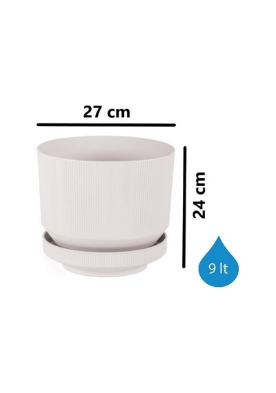 Omnipazar So-s284 Dekoratif Tabaklı Lüks Çizgi Desenli Saksı 9 Litre Kirli Beyaz 113