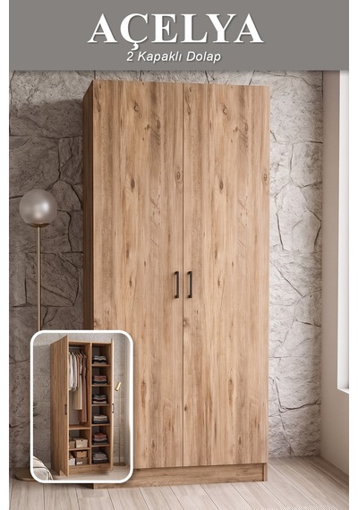 Açelya Gardrop Askılı Elbise Dolabı Raflı Elbise Dolabı Çam