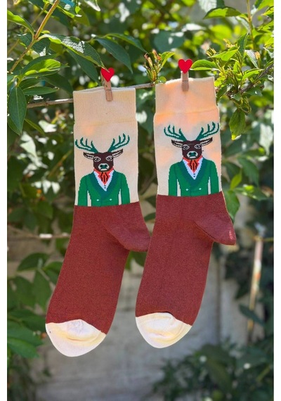 Lousocks Unisex Geyik Desenli Renkli Soket Çorap Bej
