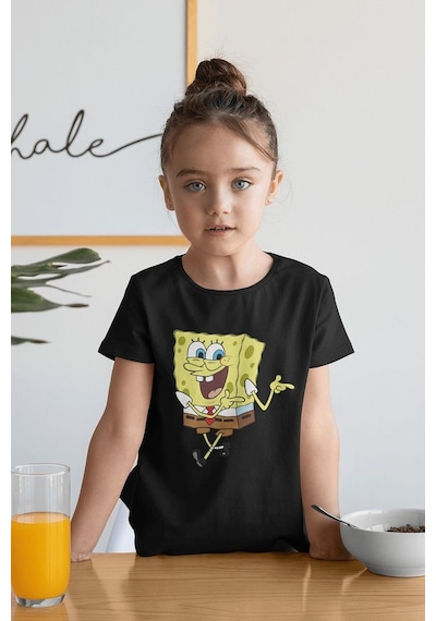 Sevbano Süngerbob Baskılı Unisex Çizgi Film Çocuk Tişört 1-12 Yaş Siyah