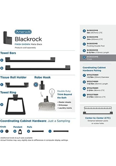 Amerock Bh36000mb Mat Siyah Tekli Bornoz Kancası 3-9/16 İnç 90 Mm Uzunluk Havluluk Blackrock Banyo İçin Havlu Kancası Banyo Donanımı Banyo Aksesuarları