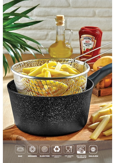 Melda Granit Kızartma Tavası 20cm Patates Cips Fritöz Telli Kızartma Tenceresi Sütlük Siyah