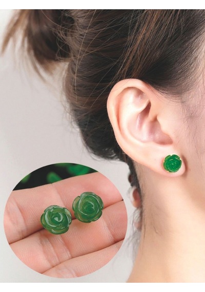 Yeşil Gül Model Kadın Gümüş Küpe 8 Mm