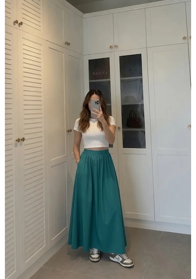 Kadın Petrol Yeşili Poplin Kumaş Uzun Etek Beli Lastikli Günlük Maxi Etek 90 Cm