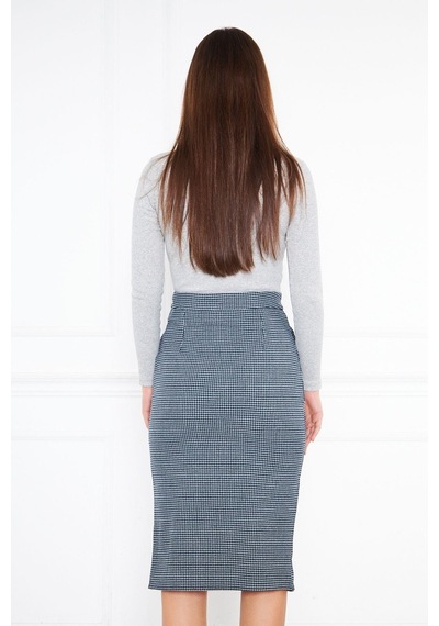 Darlin Moda Siyah Kare Desenli Önden Yırtmaçlı Cepli Midi Etek DM2012 Siyah