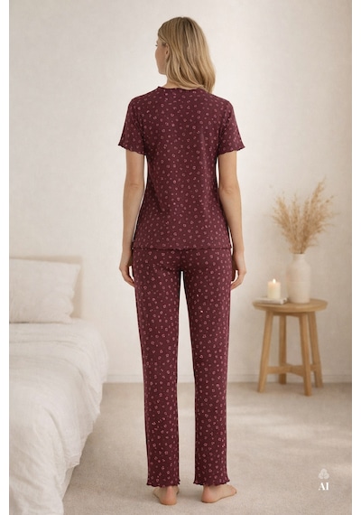 Koza İç Giyim Kadın Kısa Kollu Fiyonklu Fitilli Pijama Takımı Kk30131 Bordo - Pembe