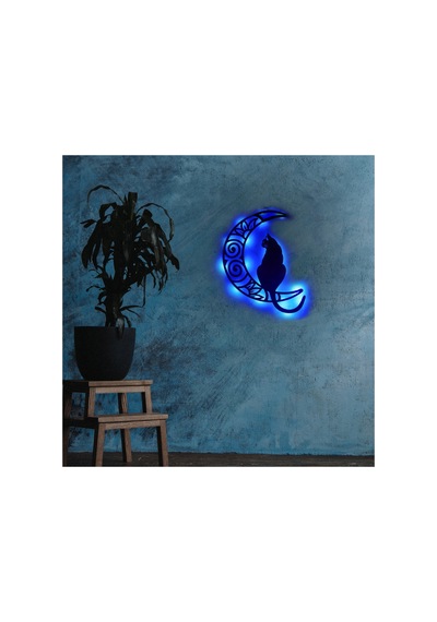 Led Işıklı Aydaki Kedi Figürlü Tablo Duvar Dekorlu Gece Lambası Mavi - 745710359 Mavi