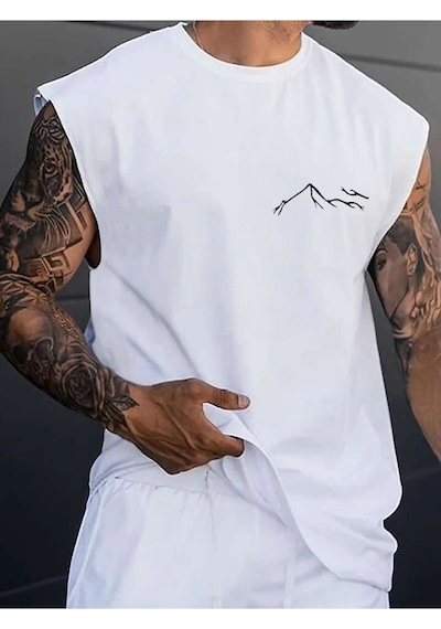 Dağ Silüet Baskılı Oversize Unisex Kolsuz Tişört BEYAZ