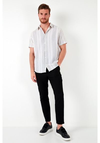 Buratti Çizgili Pamuklu Slim Fit Kısa Kollu Erkek Gömlek Cf23S116097 Beyaz-Siyah
