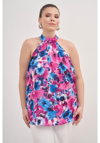 Myline Halter Yakalı Desenli Bluz-1802 Pembe