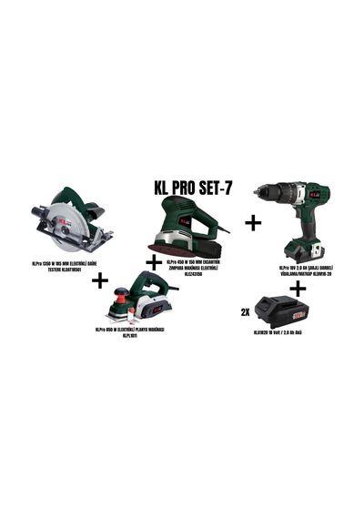 Klpro Set-7 1350W 185 MM Elektrikli Daire Testere + 850W Planya Makinesi + 450W 150 MM Eksantrik Zımpara Makinası + Şarjlı Darbeli Matkap