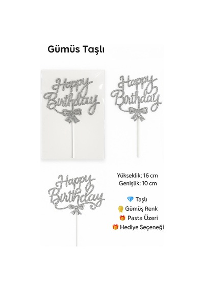 Gümüş Taşlı Happy Birthday Pasta Süsü Parlak Metal Yazı, Işıltılı Doğum Günü Dekoru