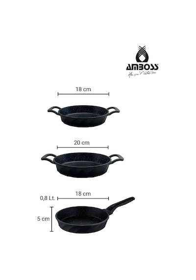 Amboss Mixta 3 Parça Döküm 18 Cm Tava 18-20 Cm Sahan Seti siyah