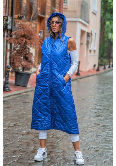 Keyifli Moda Kadın Saks Mavi Kapüşonlu Cepli Baklava Desen Uzun Şişme Yelek Saks Mavisi
