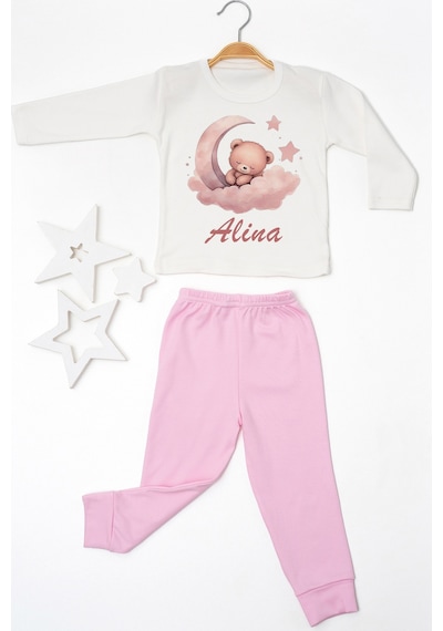 Pia Baby İsme Özel Kız Çocuk Pijama Takımı %100 Pamuk Penye İsim Baskılı Kişiye Özel Çocuk Pijaması 10088p14pi Krem