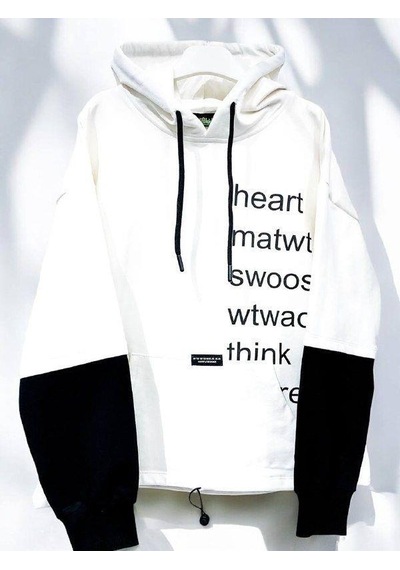 Zekids Çocuk Pamuklu Kapüşonlu Heart Mat Yazılı Sweatshirt-14830 Ekru