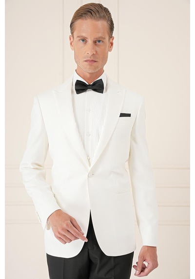 Efor Black 035 Slim Fit Saten Yaka Çift Yırtmaçlı Tek Düğmeli Krem Damatlık Smokin Ceket Krem