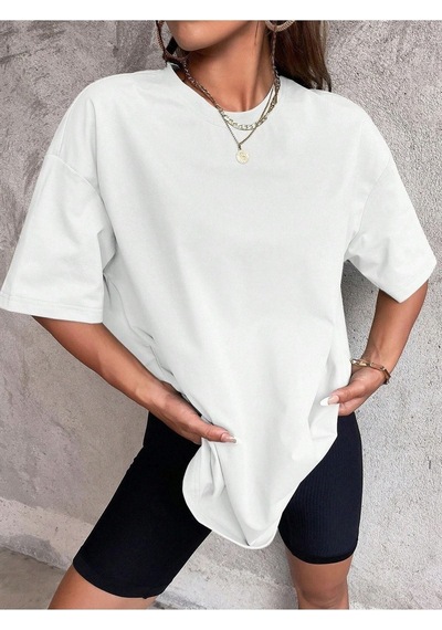 Düz Basic T-shirt - Beyaz Oversize Bisiklet Yaka Kısa Kol Beyaz