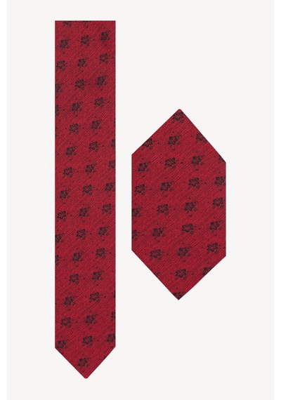 Erkek Bordo Siyah Çiçek Desenli Kravat Mendil Set