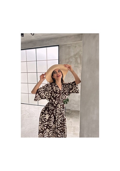 Asur Boutique Asur Butik Kadın Kruvaze Yaka Lastikli Bel Desenli Elbise Kahverengi