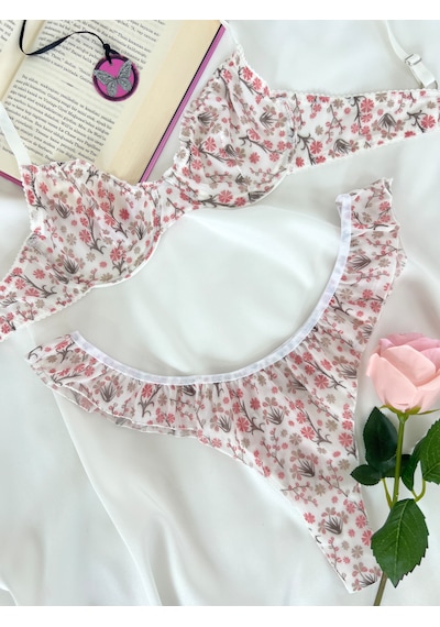Arinda Butterfly Ekru Tül Çiçek Desenli Balenli Kapsız Fırfırlı Bralette Sütyen Tanga İç Çamaşırı Takımı Alt Üst 2 Parça