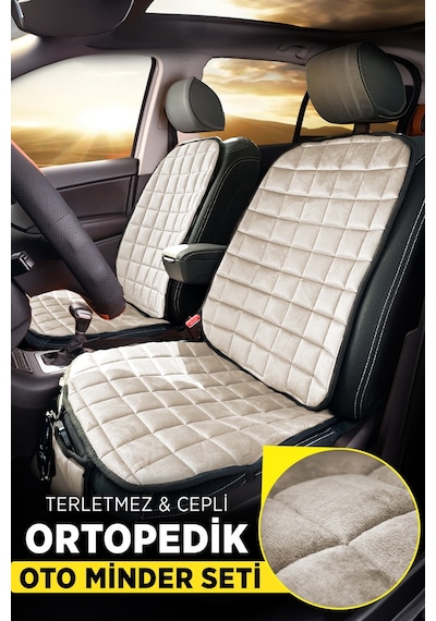 Premium Cepli Ortopedik Oto Koltuk Minder Seti - Oto Koltuk Kılıfı - Ön 2 Koltuk Set - Bej