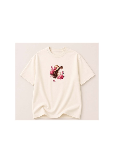 Herkesemoda Güllü Kadın Temalı Baskılı Kadın Bisiklet Yaka Pamuklu T-shirt Krem