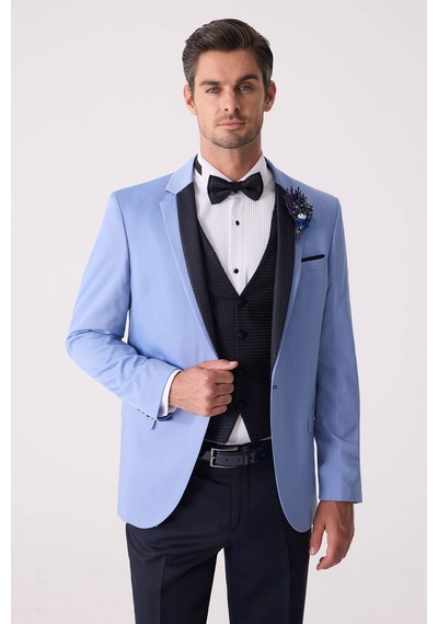 Ysf Erkek Mavi Slim Fit Yelekli Damatlık