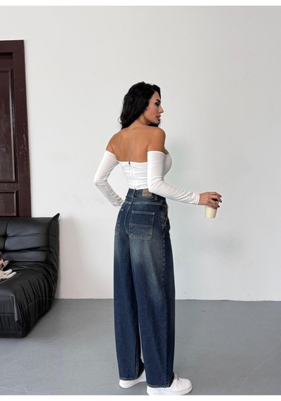 Kadın Mavi Eskitmeli Skater Fit Yüksek Bel Pantolon Lacivert-tintli